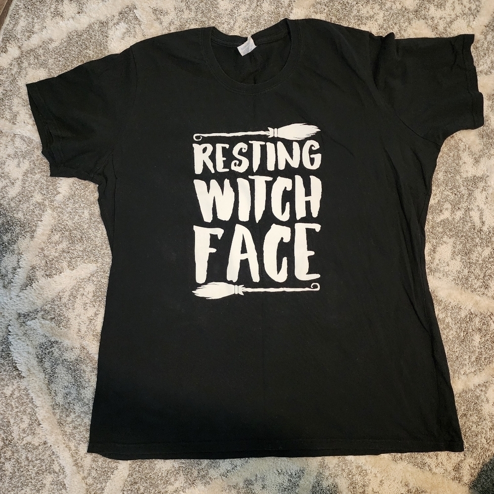Black Resting Witch Face Halloween October Graphic Tee T-shirt Women's XL EUC